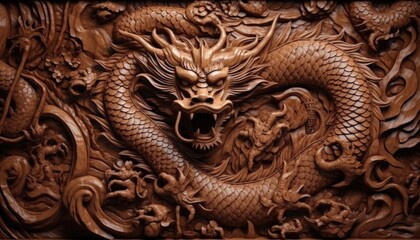 Canvas Print - wood carving art, dragon, lion, rabbit, forest wood carving patterns. generative ai