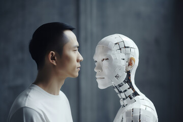 Poster - Person looking at a robotic Artificial intelligence version of themselves. Deep fake. Generative ai