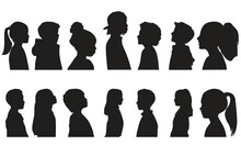Set Of Kid Children Boy And Girl Silhouette On A White Background. Side Profile. Vector Illustration