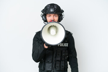 Wall Mural - SWAT man over isolated white background shouting through a megaphone