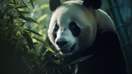 Sticker - A cute panda munching on bamboo in a bamboo forest Generative AI 