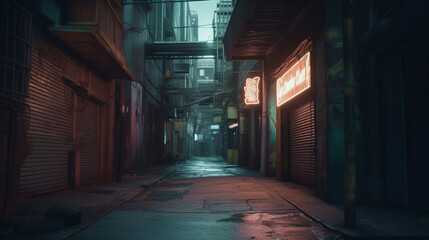 Sticker - A dark alley with a neon-lit mural painted Generative AI 