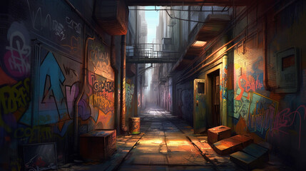 Wall Mural - A dark alleyway with graffiti-covered walls and shad Generative AI 