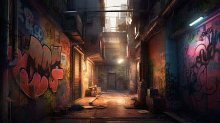 Canvas Print - A dark alleyway with graffiti-covered walls and shad Generative AI 