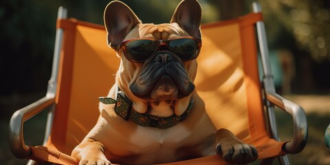 Wall Mural - a dog donning sunglasses and on a lawn chair in the backyard. Generative AI