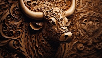 Canvas Print - Wood carving art, dragon, lion, rabbit, forest wood carving patterns. Generative Ai