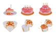 3d render birthday set with gold white and pink colors cakes and gift boxes