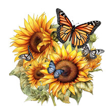  Sunflower Bouquest And Butterflies Watercolor Clipart Sublimation Isolated On White Background , Transparent Background, PNG, Generative Ai