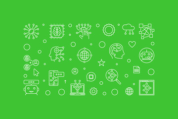 Poster - Machine Learning outline horizontal banner. Vector ML concept illustration