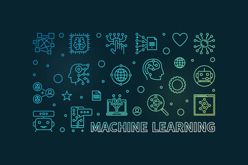 Poster - Machine Learning line horizontal creative banner. ML Technology vector illustration