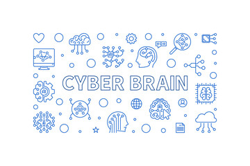 Poster - cyber brain concept vector horizontal simple outline banner
