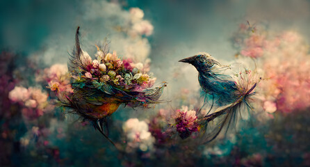 Wall Mural - Delicate oil painting with a bird landing on the flowers. Pastel tones. Blurred background. Generative AI.