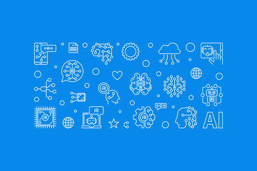 Poster - AI concept linear horizontal blue banner. Artificial Intelligence vector illustration