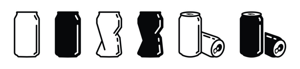 Soda can icon vector in thin line and flat style with editable stroke on white background. Dented soda cans icons set. Beverage, beer and brewing sign and symbol. Vector illustration