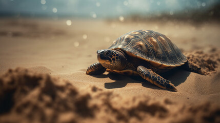 Wall Mural - A turtle crossing the beach sand Generative AI 