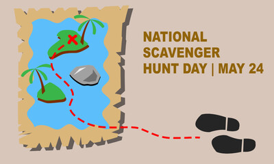 treasure map with pictures of islands, trees and rocks. With a red dotted line leading to a treasure or various random items. commemorating NATIONAL SCAVENGER HUNT DAY | MAY 24. template background 