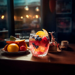 a photograph in a bar on a table drinks decorated with fruit it should be well