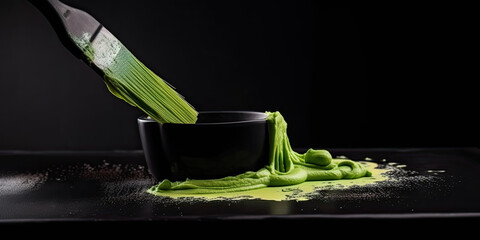 Wall Mural - green matcha cream on wooden tray created with Generative AI technology