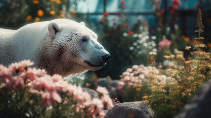 Canvas Print - Polar Bear in a flower garden Generative AI 