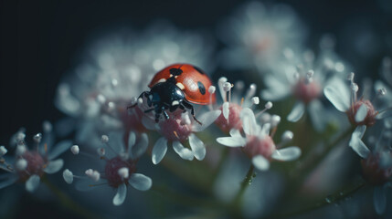 Canvas Print - Seven-spotted ladybug hiding in a flower Generative AI 