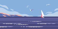 Ocean Or Sea Nature Landscape With Gulls And Yacht. Vector Illustration.