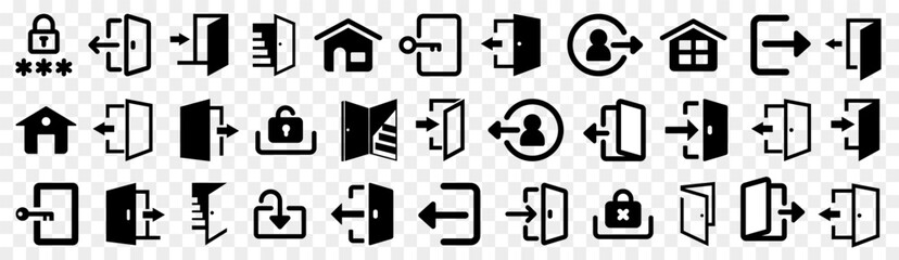 login and exit icons symbol collection. set of black login and exit icons