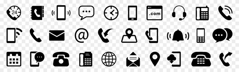 Poster - Contact us icon collection. Set of black contact us icons. Address, phone, map, bell, calendar, headphone