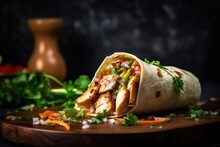 Fresh Grilled Chicken Wrap Roll With Flying Ingradients And Spices Hot Ready To Serve And Eat With Copyspace Area, Generative Ai