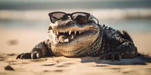 Happy Alligator Wearing Sunglasses On The Beach Created With Generative AI Technology