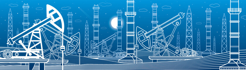 Wall Mural - Power plant, petroleum industry. Outlines illustration. Urban night scene. Pipes and power. Factory Energy infrastructure. Vector design 