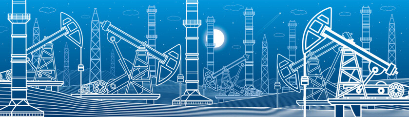 Wall Mural - Power plant, petroleum industry. Outlines illustration. Urban night scene. Pipes and power. Factory Energy infrastructure. Vector design 