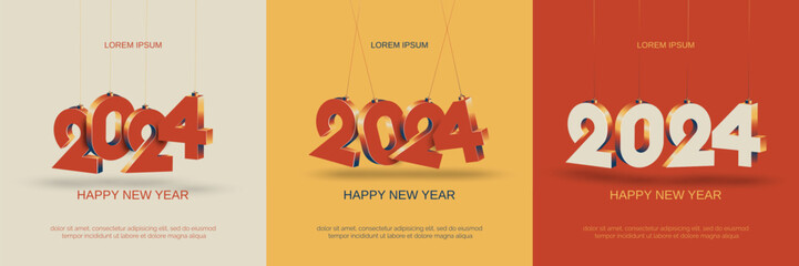 Happy new year 2024 square template with 3D hanging number. Greeting concept for 2024 new year celebration