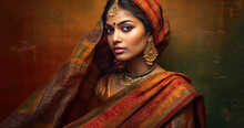 Portrait Of A Traditionally Dressed Woman Of Indian Origin Wearing A Saree Or Salwar Kameez, Beautiful Close-up Portrait Young Indian Woman