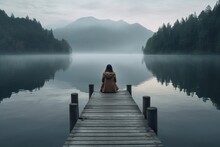 A Solitary Female Traveler Contemplates The Serene Lake, Sitting On A Wooden Dock With A View From Behind. Generative AI