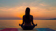 © 18042011 - Woman practicing meditation in sunset time by seaside, AI generated