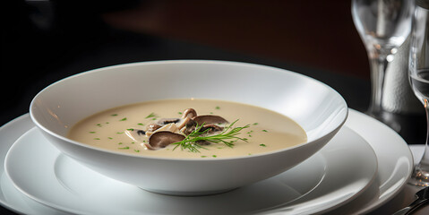 Mushroom cream soup in white plate  on wooden table. AI generated