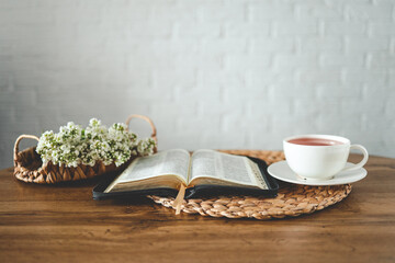 Poster - Open bible, flowers and a cup of tea, space for text