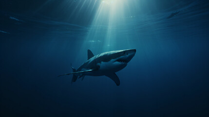 Wall Mural - A great white shark swimming in a deep sea Generative AI 