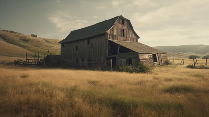 Wall Mural - A rustic barn with weathered wood and rolling fields Generative AI 