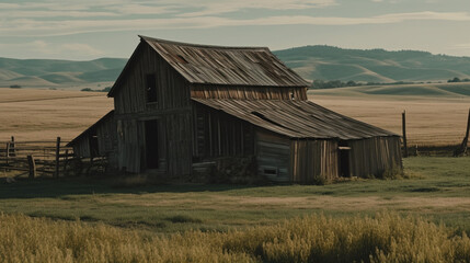 Canvas Print - A rustic barn with weathered wood and rolling fields Generative AI 