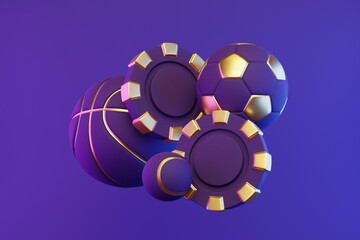 Wall Mural - Poker chips, basketball, soccer ball and tennis ball on bright, violet, neon background. 3d rendering illustration