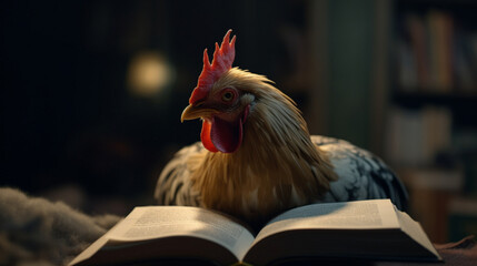 Wall Mural - chicken reading a book Generative AI 