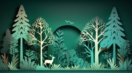 Wall Mural - Green cutout deep forest papercut banner. AI generated.