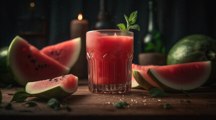 Canvas Print - Watermelon Juice with Lemon and Basil Generative AI 