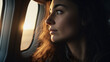 © ADDICTIVE STOCK - Generative AI illustration of thoughtful female passenger admiring spectacular view while looking through window in airplane during sunset and sitting on seat