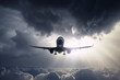 © ADDICTIVE STOCK - Generative AI illustration of low angle of dramatic view of airplane flying in dark gloomy sky with heavy clouds during overcast weather