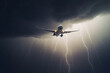 © ADDICTIVE STOCK - Generative AI illustration of low angle of dramatic view of airplane flying in dark gloomy sky with heavy clouds during thunderstorm with lightning