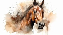 Horse On White Background In Watercolor Style. AI Generated.
