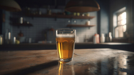 Wall Mural - Glass of beer on a rustic kitchen background Generative AI 