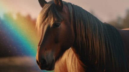 Poster - Horse and rainbow background landscape Generative AI 